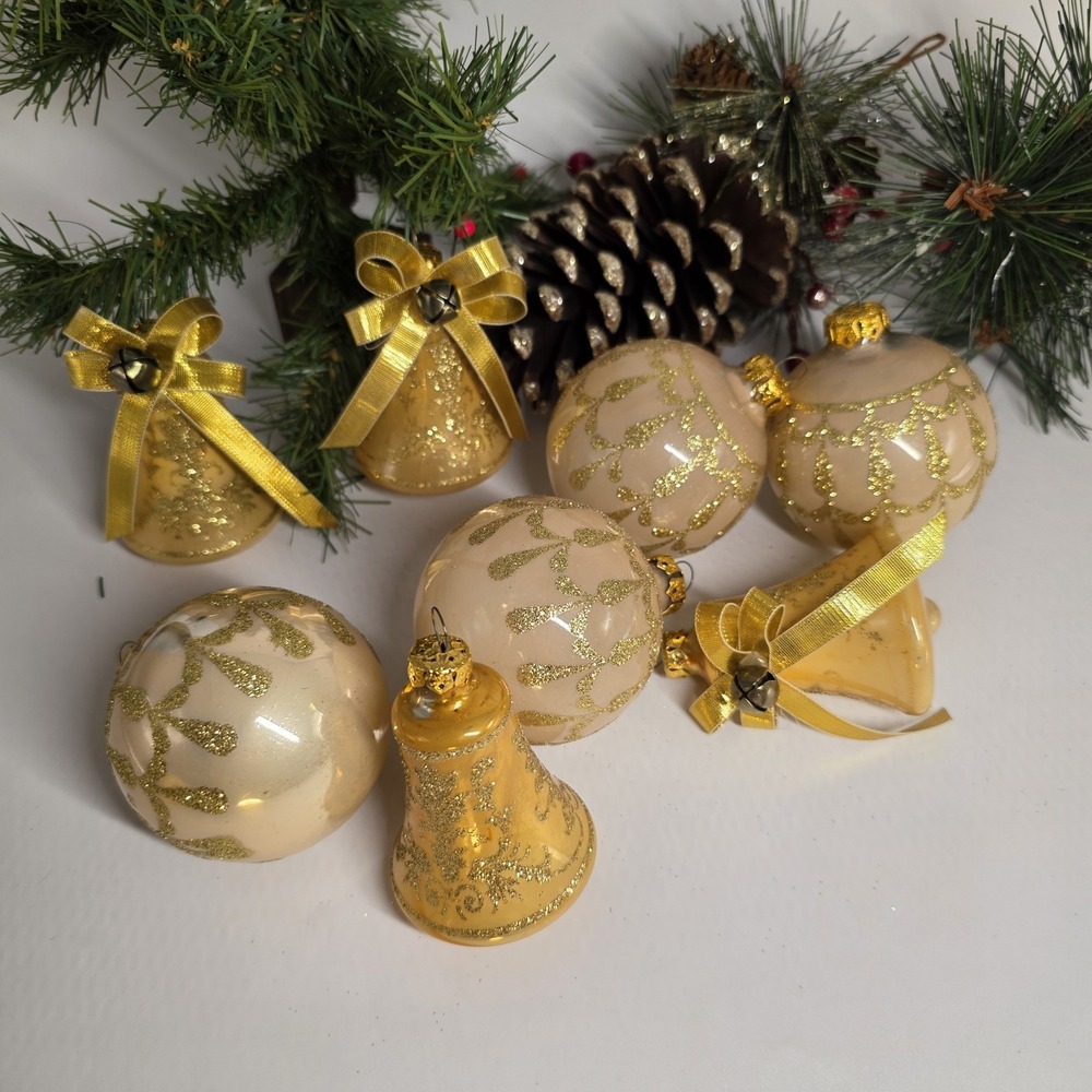 VTG Gold Glass Christmas Ornaments Lot 8 Glitter Bells & Balls Hand Blown Decor